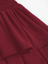 Sweetra Tie-Neck Simple Shirred A-Line Dress, Casual Daily Wear Y2K Outfit Christmas Holiday Party Dress  Burgundy Color Women Outfit