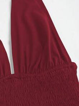 easyown Tie-Neck Simple Shirred A-Line Dress, Casual Daily Wear Y2K Outfit Christmas Holiday Party Dress  Burgundy Color Women Outfit