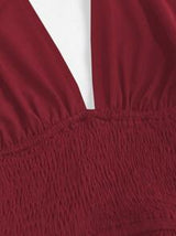 easyown Tie-Neck Simple Shirred A-Line Dress, Casual Daily Wear Y2K Outfit Christmas Holiday Party Dress  Burgundy Color Women Outfit