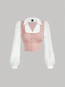 EASYOWN MOD Double Collar Long Sleeve Contrast Color Chest Pleat Loose Fit Blouse, Pink & White