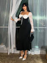 Franclia Plus Size Sexy Lace Patchwork Long Sleeve Open Back Tie Front Dress Maxi Women Outfit