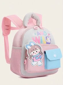 New Cute Cartoon Pattern Print Color Block Nylon Backpack, Versatile Large Capacity Zipper Closure Outdoor Travel Vacation Backpacks, Lightweight Casual Multi-Pocket Campus Bookbag For Elementary Students Backpack, Backpack, School Backpack, Rucksack, Sch