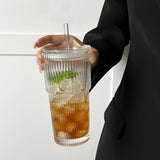 Visually Appealing 20.29oz/600ml Striped Glass Cup with Straw And Lid - 1pc, Durable Drinking Glass for Coffee, Tea, Whiskey, Milk Ice Americano And Latte Drinks