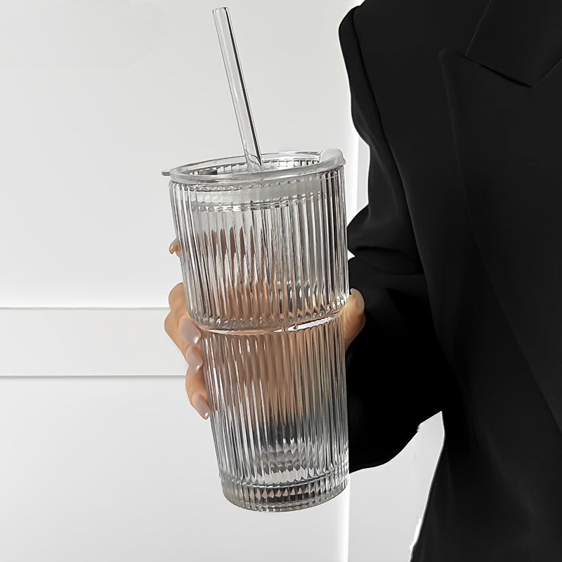 Visually Appealing 20.29oz/600ml Striped Glass Cup with Straw And Lid - 1pc, Durable Drinking Glass for Coffee, Tea, Whiskey, Milk Ice Americano And Latte Drinks