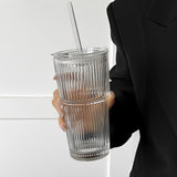 Visually Appealing 20.29oz/600ml Striped Glass Cup with Straw And Lid - 1pc, Durable Drinking Glass for Coffee, Tea, Whiskey, Milk Ice Americano And Latte Drinks