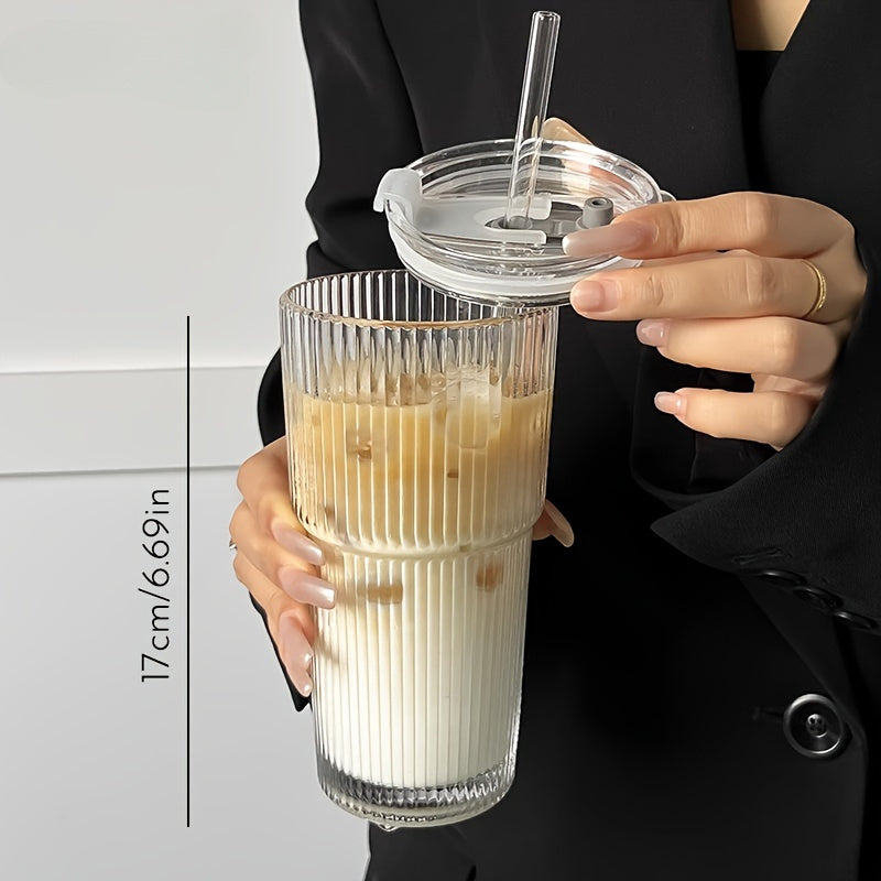 Visually Appealing 20.29oz/600ml Striped Glass Cup with Straw And Lid - 1pc, Durable Drinking Glass for Coffee, Tea, Whiskey, Milk Ice Americano And Latte Drinks