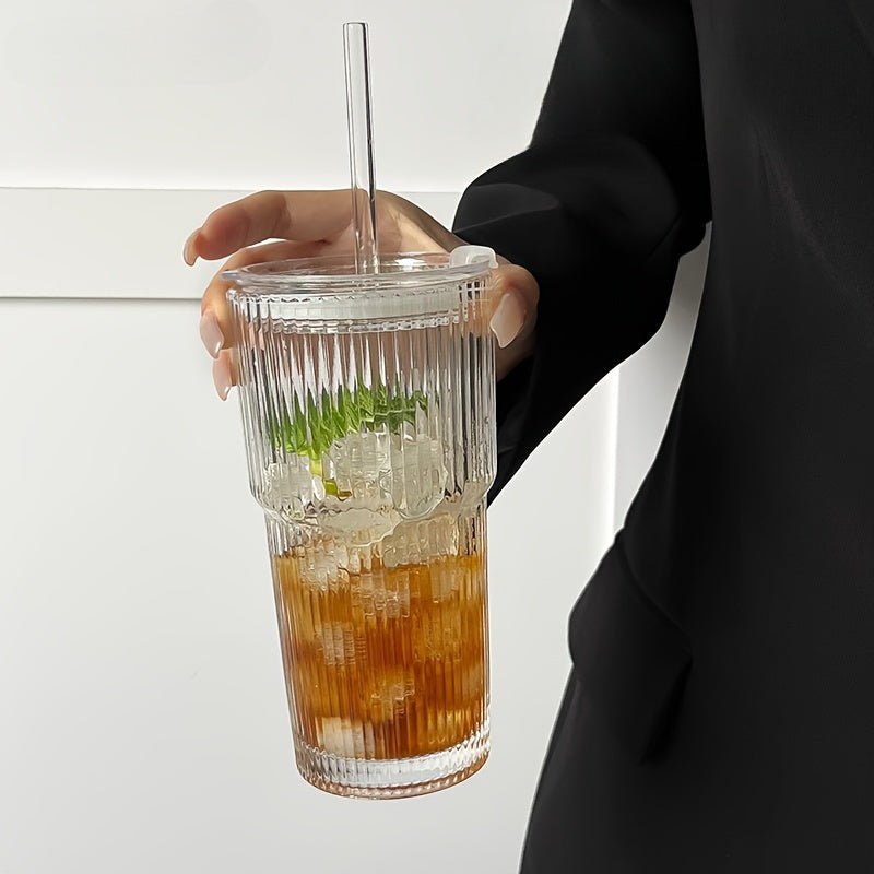 Visually Appealing 20.29oz/600ml Striped Glass Cup with Straw And Lid - 1pc, Durable Drinking Glass for Coffee, Tea, Whiskey, Milk Ice Americano And Latte Drinks