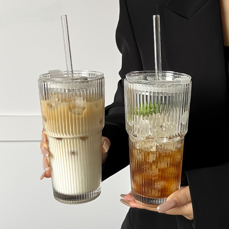 Visually Appealing 20.29oz/600ml Striped Glass Cup with Straw And Lid - 1pc, Durable Drinking Glass for Coffee, Tea, Whiskey, Milk Ice Americano And Latte Drinks
