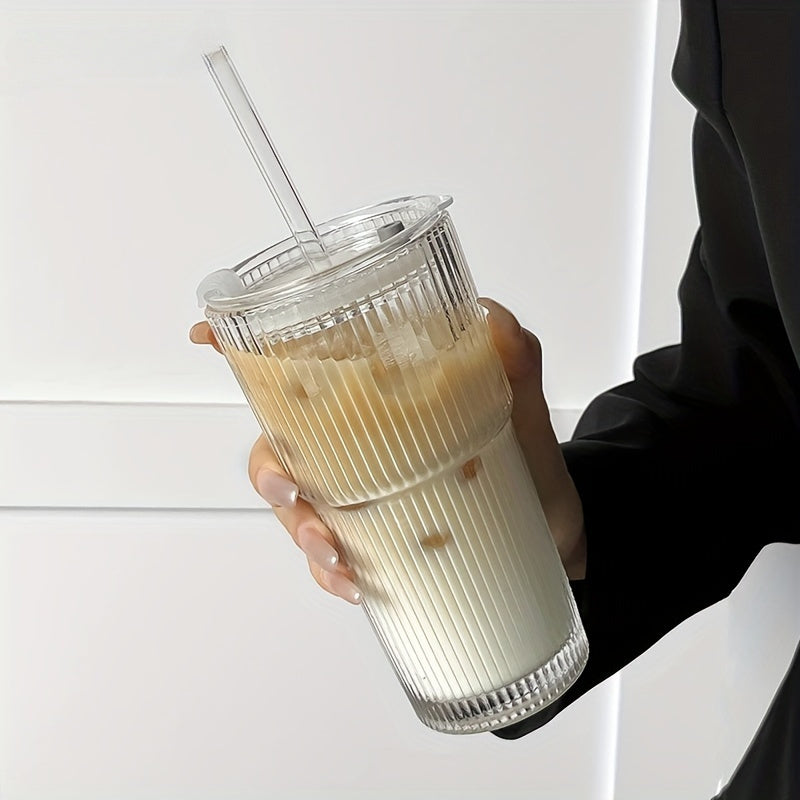 Visually Appealing 20.29oz/600ml Striped Glass Cup with Straw And Lid - 1pc, Durable Drinking Glass for Coffee, Tea, Whiskey, Milk Ice Americano And Latte Drinks