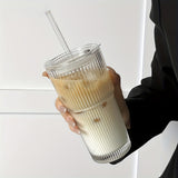 Visually Appealing 20.29oz/600ml Striped Glass Cup with Straw And Lid - 1pc, Durable Drinking Glass for Coffee, Tea, Whiskey, Milk Ice Americano And Latte Drinks
