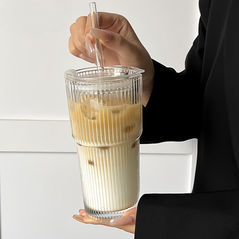 Visually Appealing 20.29oz/600ml Striped Glass Cup with Straw And Lid - 1pc, Durable Drinking Glass for Coffee, Tea, Whiskey, Milk Ice Americano And Latte Drinks