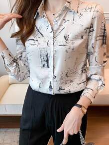 EASYOWN Unity Women Printed Shirt With Full Button Front, Collar And Flip Cuffs,Long Sleeve Tops