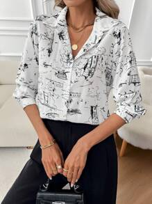 Unity Women Printed Shirt With Full Button Front, Collar And Flip Cuffs,Long Sleeve Tops