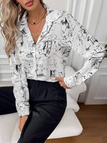 Unity Women Printed Shirt With Full Button Front, Collar And Flip Cuffs,Long Sleeve Tops