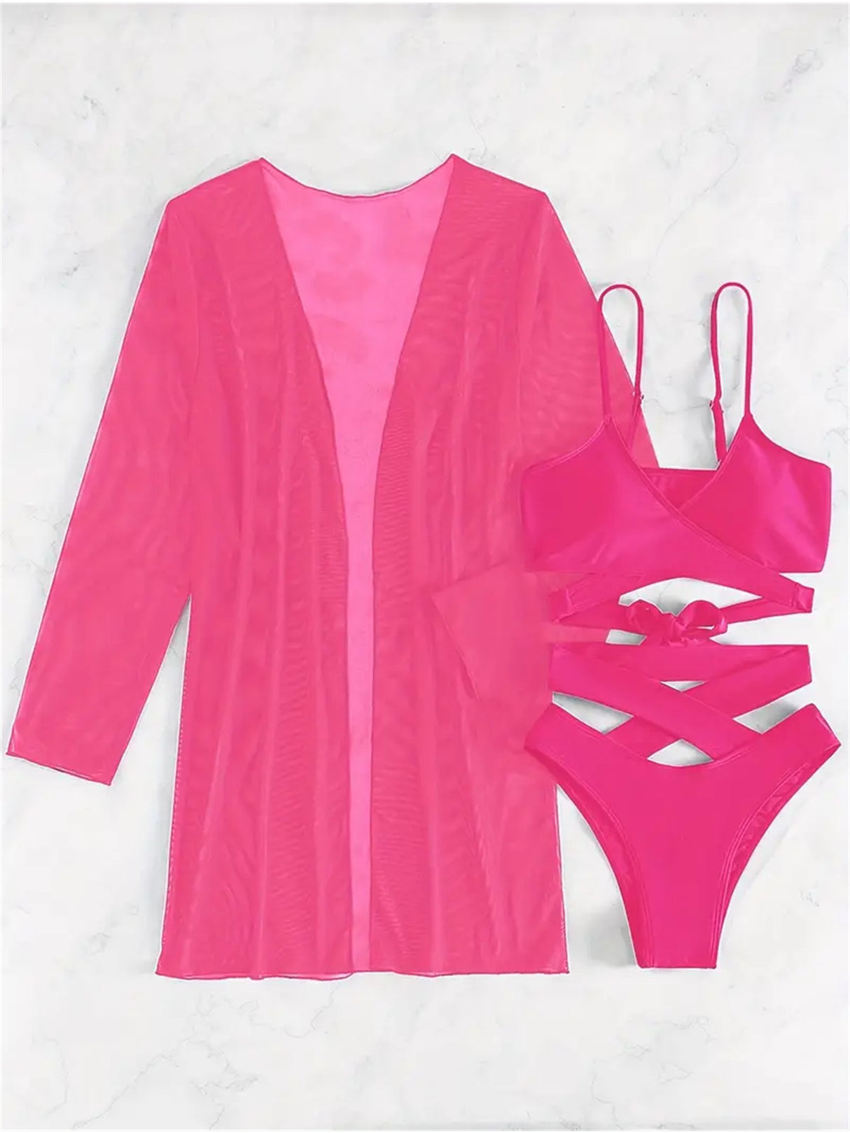 Chic 3pcs V-Neck Criss Cross Bikini Set with Cover-Up - High Cut, Stretchy Swimsuit for Women, Machine Washable