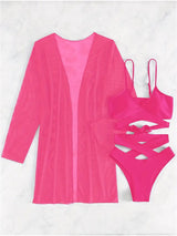 Chic 3pcs V-Neck Criss Cross Bikini Set with Cover-Up - High Cut, Stretchy Swimsuit for Women, Machine Washable