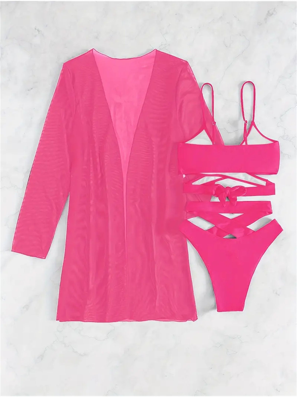 Chic 3pcs V-Neck Criss Cross Bikini Set with Cover-Up - High Cut, Stretchy Swimsuit for Women, Machine Washable