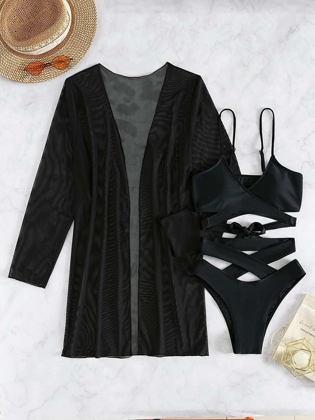 Chic 3pcs V-Neck Criss Cross Bikini Set with Cover-Up - High Cut, Stretchy Swimsuit for Women, Machine Washable