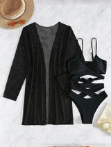 Chic 3pcs V-Neck Criss Cross Bikini Set with Cover-Up - High Cut, Stretchy Swimsuit for Women, Machine Washable