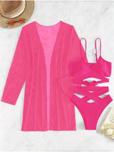Chic 3pcs V-Neck Criss Cross Bikini Set with Cover-Up - High Cut, Stretchy Swimsuit for Women, Machine Washable