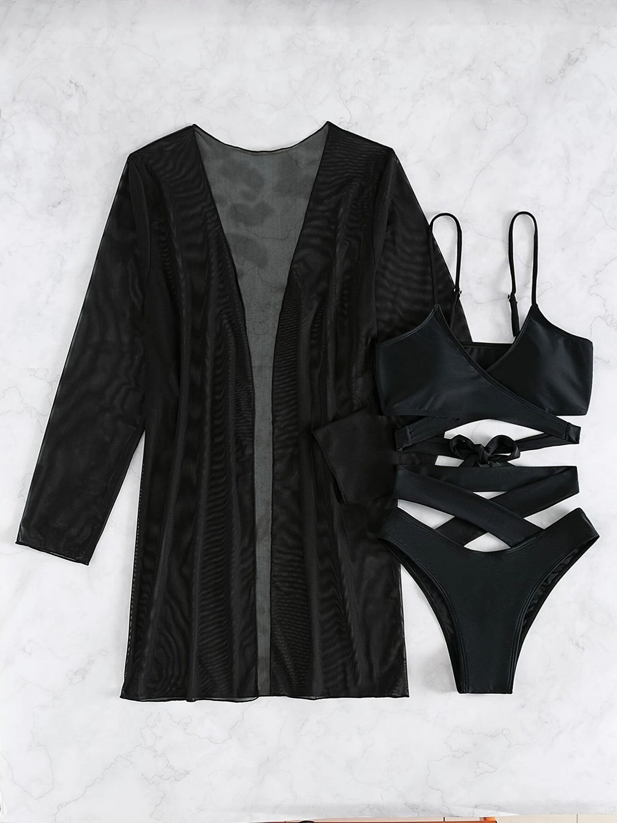 Chic 3pcs V-Neck Criss Cross Bikini Set with Cover-Up - High Cut, Stretchy Swimsuit for Women, Machine Washable