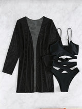 Chic 3pcs V-Neck Criss Cross Bikini Set with Cover-Up - High Cut, Stretchy Swimsuit for Women, Machine Washable
