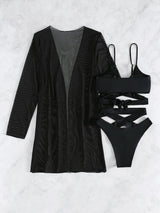 Chic 3pcs V-Neck Criss Cross Bikini Set with Cover-Up - High Cut, Stretchy Swimsuit for Women, Machine Washable