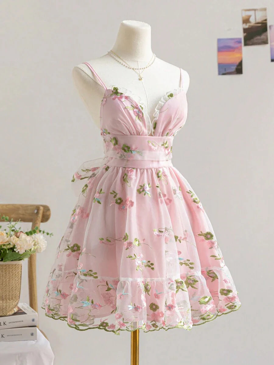 easyown WYWH Women Floral Embroidery Garden Party Graduation Summer Dress, Cute Lunch Casual Back To School Vacation Outfit, Ruffle Hem Fit&Flare Mini Spaghetti Strap Dress