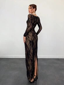 Women's New Fall/Winter Party/Date/Banquet Sexy S-Shaped Lace Long Sleeve Cupped Corset Collar Slim Fitted Floor Length Black Dress,Summer Dresses For Women,Tea Party Dress