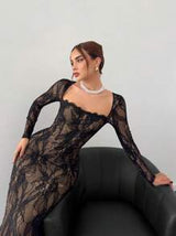 Women's New Fall/Winter Party/Date/Banquet Sexy S-Shaped Lace Long Sleeve Cupped Corset Collar Slim Fitted Floor Length Black Dress,Summer Dresses For Women,Tea Party Dress