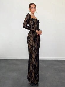 Women's New Fall/Winter Party/Date/Banquet Sexy S-Shaped Lace Long Sleeve Cupped Corset Collar Slim Fitted Floor Length Black Dress,Summer Dresses For Women,Tea Party Dress