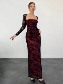 Women's Autumn/Winter New Velvet Jacquard Cutout Mesh Romantic Date Holiday Long Sleeve Lace Ruched Bodycon Dress,Summer Dresses For Women,Tea Party Dress