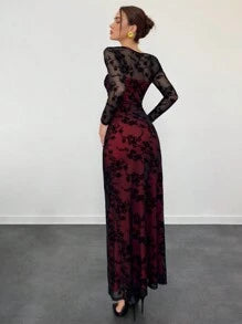 Women's Autumn/Winter New Velvet Jacquard Cutout Mesh Romantic Date Holiday Long Sleeve Lace Ruched Bodycon Dress,Summer Dresses For Women,Tea Party Dress