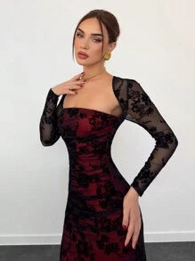 Women's Autumn/Winter New Velvet Jacquard Cutout Mesh Romantic Date Holiday Long Sleeve Lace Ruched Bodycon Dress,Summer Dresses For Women,Tea Party Dress