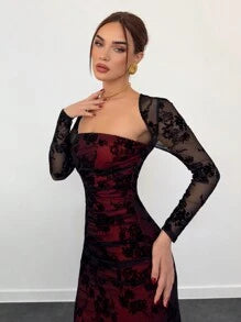 Women's Autumn/Winter New Velvet Jacquard Cutout Mesh Romantic Date Holiday Long Sleeve Lace Ruched Bodycon Dress,Summer Dresses For Women,Tea Party Dress