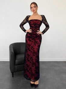 Women's Autumn/Winter New Velvet Jacquard Cutout Mesh Romantic Date Holiday Long Sleeve Lace Ruched Bodycon Dress,Summer Dresses For Women,Tea Party Dress