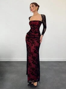 Women's Autumn/Winter New Velvet Jacquard Cutout Mesh Romantic Date Holiday Long Sleeve Lace Ruched Bodycon Dress,Summer Dresses For Women,Tea Party Dress