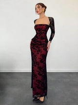 Women's Autumn/Winter New Velvet Jacquard Cutout Mesh Romantic Date Holiday Long Sleeve Lace Ruched Bodycon Dress,Summer Dresses For Women,Tea Party Dress