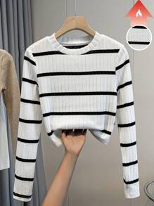 Chiquease Women Ribbed Round Neck Long Sleeve Casual Loose Thicken T-Shirt, Autumn/Winter Graphic Tees Women Tops For Spring Outfit