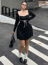 Flirla Romantic Contrast Color White Trim Bow Button Decor Long Sleeve Mini Dress