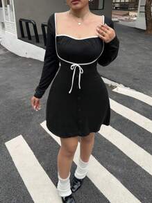 Flirla Romantic Contrast Color White Trim Bow Button Decor Long Sleeve Mini Dress