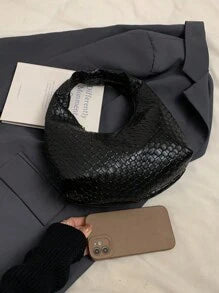 Fashionable Woven Crescent Crossbody Bag For Women, Textured Solid Color Casual Tote Shoulder Bag, Versatile Commuter Bag, Handbag, Baguette Bag
