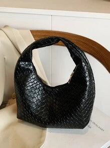 Fashionable Woven Crescent Crossbody Bag For Women, Textured Solid Color Casual Tote Shoulder Bag, Versatile Commuter Bag, Handbag, Baguette Bag