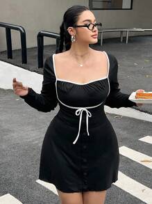 Flirla Romantic Contrast Color White Trim Bow Button Decor Long Sleeve Mini Dress