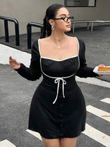 Flirla Romantic Contrast Color White Trim Bow Button Decor Long Sleeve Mini Dress