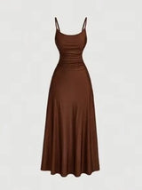Women's Solid Color Ruched Waist Flared Hem Spaghetti Strap Dress,Semi Formal Dress,Elegant Tea Party Dress,Flowy Cruise Women Outfits,Summer Dresses For Women