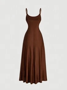 Women's Solid Color Ruched Waist Flared Hem Spaghetti Strap Dress,Semi Formal Dress,Elegant Tea Party Dress,Flowy Cruise Women Outfits,Summer Dresses For Women
