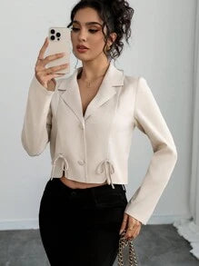 Calvaya Women's French Style Elegant Office/Casual/Holiday Bowknot Decor Stand Collar Long Sleeve Crop Blouse, Spring/Autumn/Winter Valentine's Day