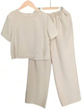 Neck Short Sleeve Casual Top And Wide Leg Pants Loose Set