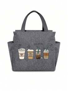 A Thermal Lunch Bag With Four Cups Of Black Coffee And A Heart, Leopard Print Pattern Printed On It,Insulated Bag With The "Lut Furst Caffee" Pattern Paired With A Black Cutlery Storage Bag